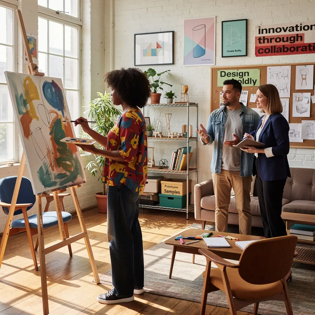 Stylowe biuro z naturalnymi materiałami i efektywnym oświetleniem.