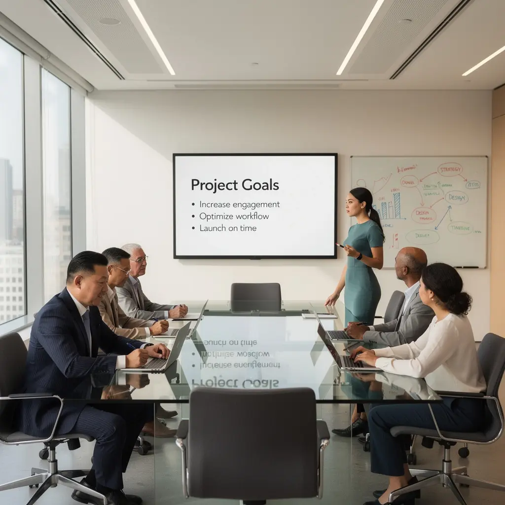 Plan biura z wyraźnym oznakowaniem, ułatwiającym nawigację.