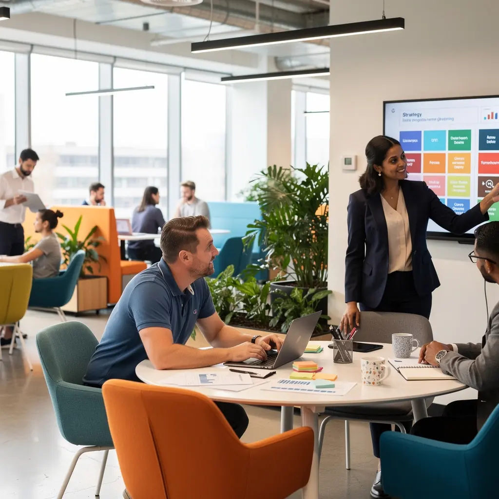 Kreatywna strefa pracy z inspirującymi dekoracjami i zielenią.