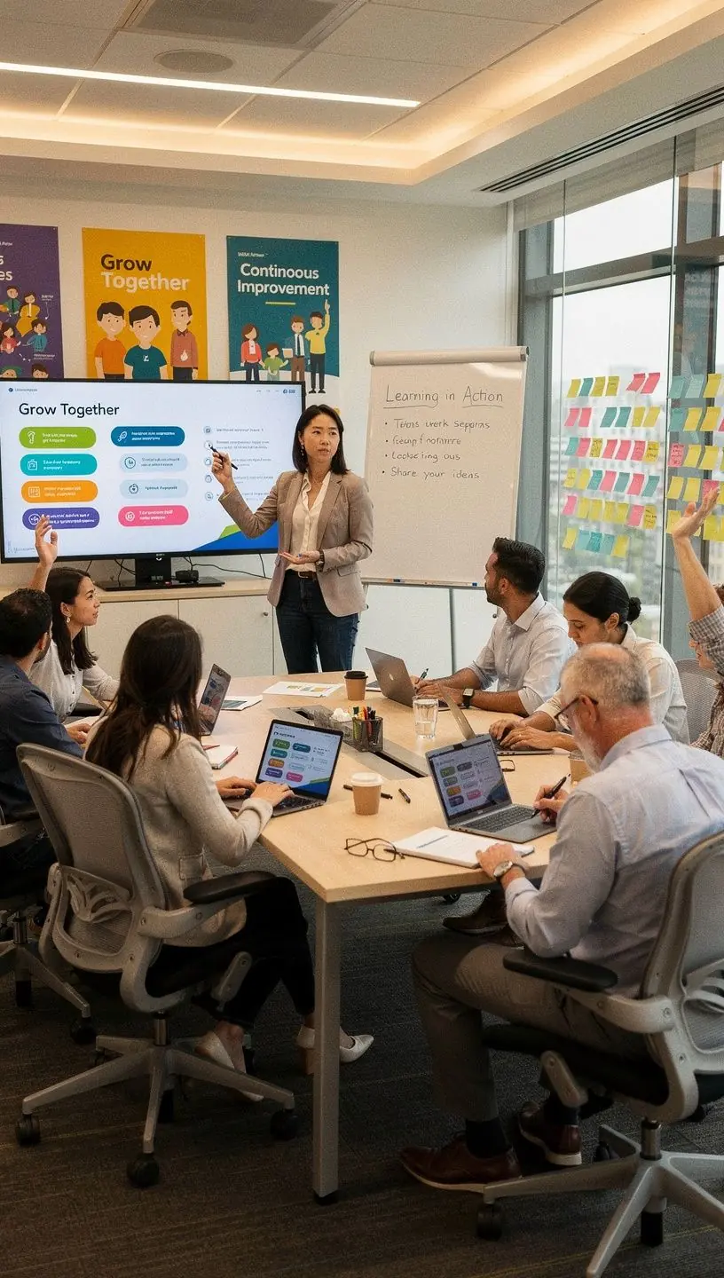 Przestrzeń do spotkań z nowoczesnymi akcentami i wygodnymi miejscami siedzącymi.