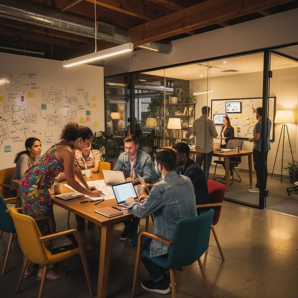 Zestawienie różnych materiałów na podłodze, które tworzą spójną i elegancką przestrzeń biurową.