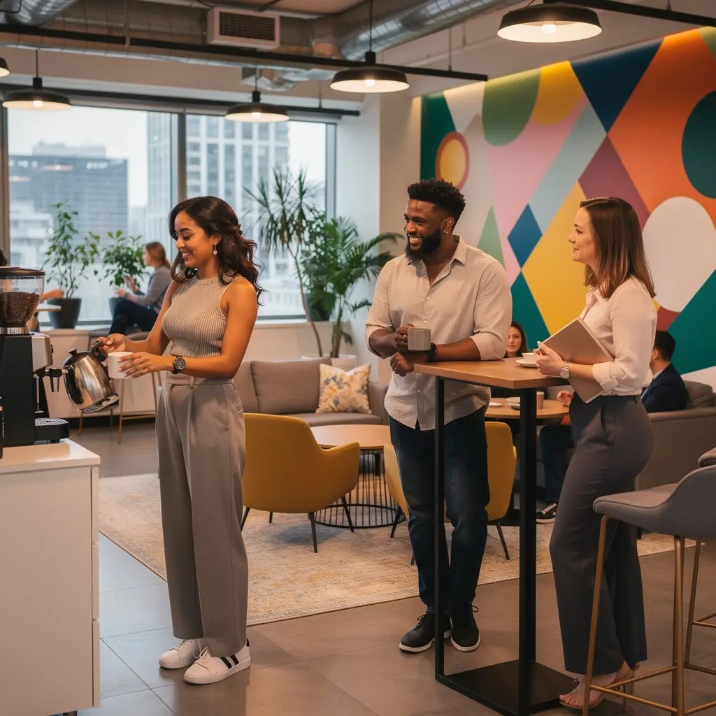 Nowoczesne biuro z ergonomicznymi meblami i stonowanymi kolorami.